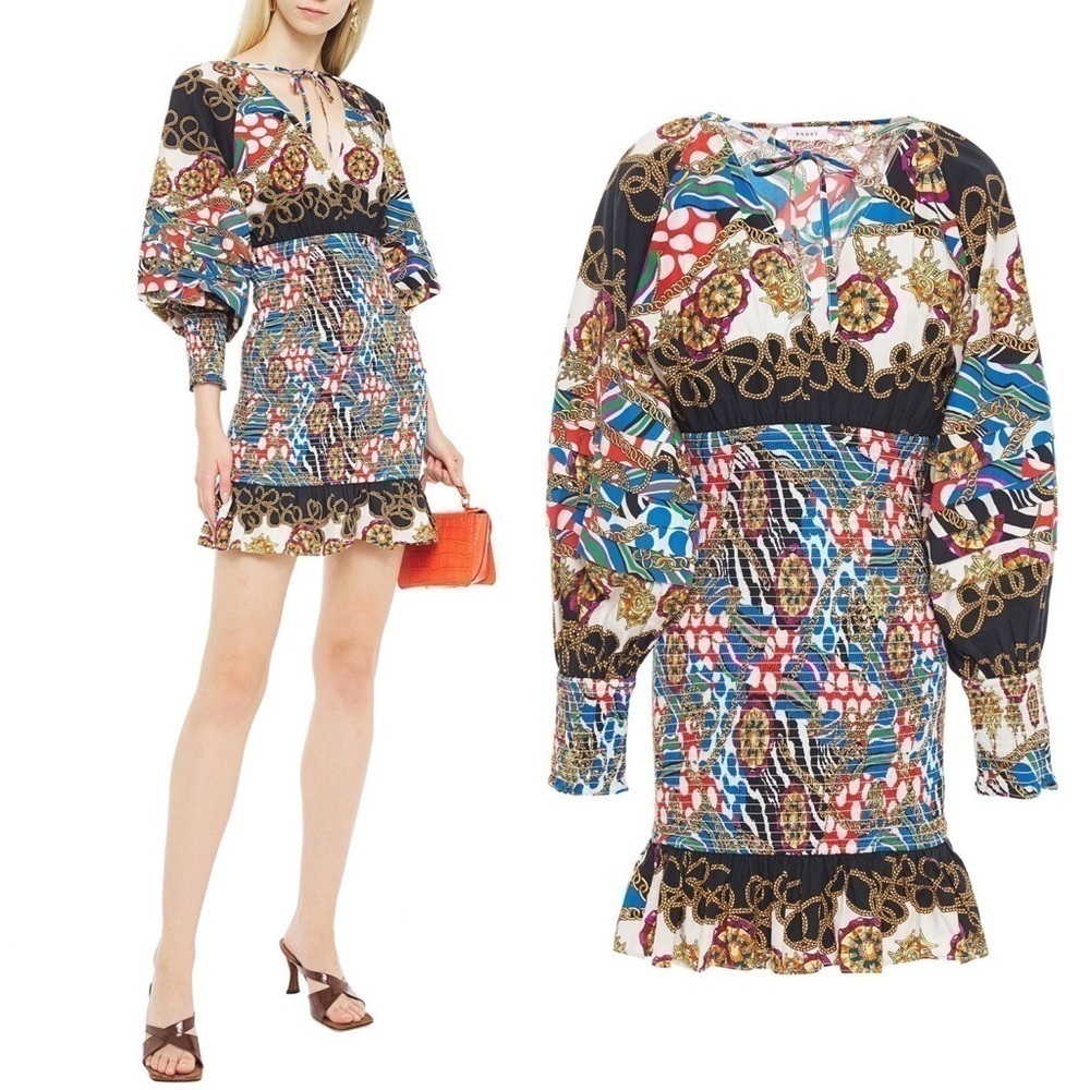 NWT RHODE Anya Printed Blouson-Sleeve Smocked Dress In Chain Print Large